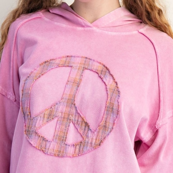 NEW EASEL CLOTHING WASHED TERRY KNIT PULLOVER PEACE HOODIE Pink SWEATSHIRT - Picture 6 of 10